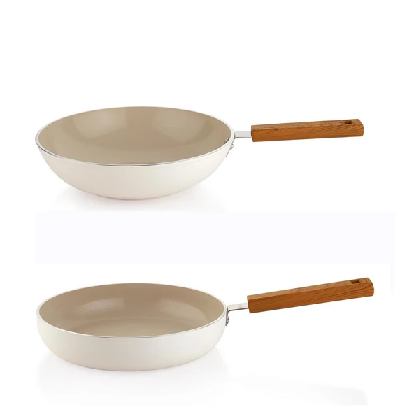 Schafer Ceramoni Seramik Tava 28 Cm ve 28 Cm Wok Tava Seti – Krem - 1