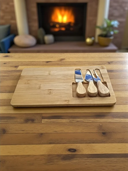 Doğal Bambu Bıçaklı Peynir Servis Sunum Tabağı Kahvaltı Sunum Tahtası Seti 4 Parça 30x17 Cm - 2