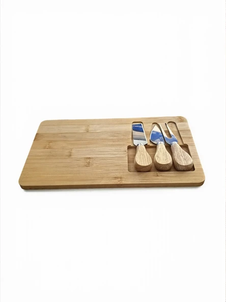 Doğal Bambu Bıçaklı Peynir Servis Sunum Tabağı Kahvaltı Sunum Tahtası Seti 4 Parça 30x17 Cm - 5