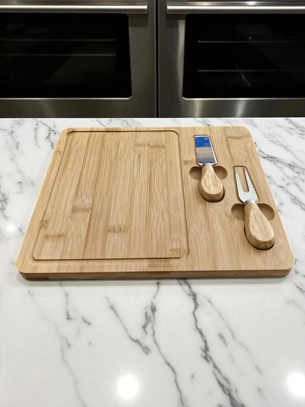 Doğal Bambu Bıçaklı Peynir Servis Sunum Tabağı Kahvaltı Sunum Tahtası Seti 3 Parça 30x25 Cm - 4