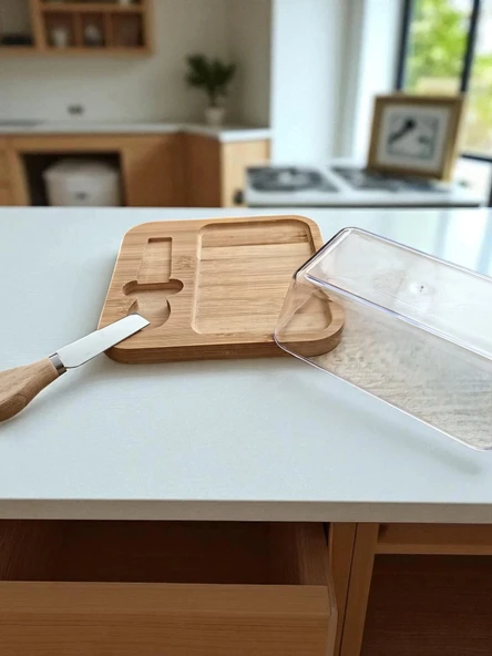 Doğal Bambu Bıçaklı Peynir ve Tereyağ Servis Sunum Tabağı Plastik Kapaklı Set 3 Parça 18x18 Cm - 2