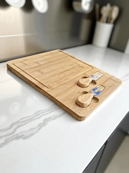 Doğal Bambu Bıçaklı Peynir Servis Sunum Tabağı Kahvaltı Sunum Tahtası Seti 3 Parça 30x25 Cm - 3