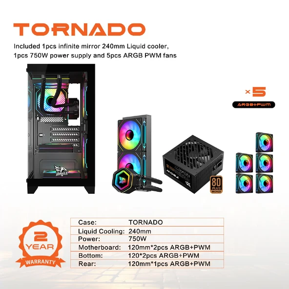 GAMEAGLE TORNADO BİLGİSAYAR KASASI + 750W + 80  POWER + 240 MM SIVI SOĞUTMA (SİYAH) - 4