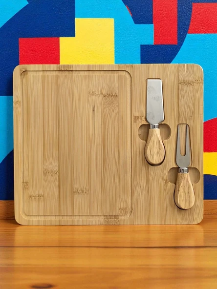 Doğal Bambu Bıçaklı Peynir Servis Sunum Tabağı Kahvaltı Sunum Tahtası Seti 3 Parça 30x25 Cm