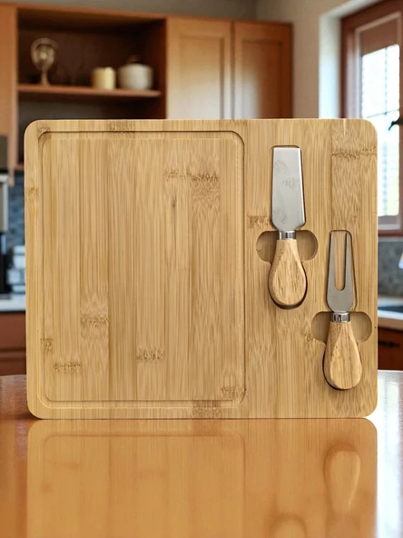 Doğal Bambu Bıçaklı Peynir Servis Sunum Tabağı Kahvaltı Sunum Tahtası Seti 3 Parça 30x25 Cm - 2