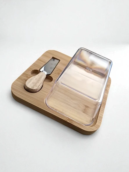 Doğal Bambu Bıçaklı Peynir ve Tereyağ Servis Sunum Tabağı Plastik Kapaklı Set 3 Parça 18x18 Cm - 4