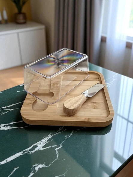 Doğal Bambu Bıçaklı Peynir ve Tereyağ Servis Sunum Tabağı Plastik Kapaklı Set 3 Parça 18x18 Cm