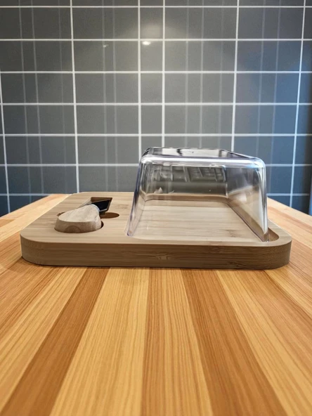 Doğal Bambu Bıçaklı Peynir ve Tereyağ Servis Sunum Tabağı Plastik Kapaklı Set 3 Parça 18x18 Cm - 5