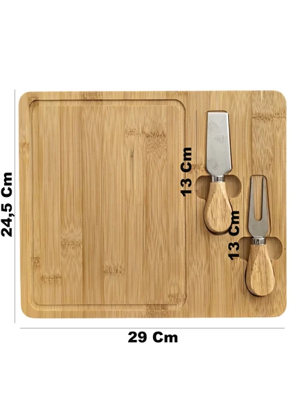 Doğal Bambu Bıçaklı Peynir Servis Sunum Tabağı Kahvaltı Sunum Tahtası Seti 3 Parça 30x25 Cm - 6