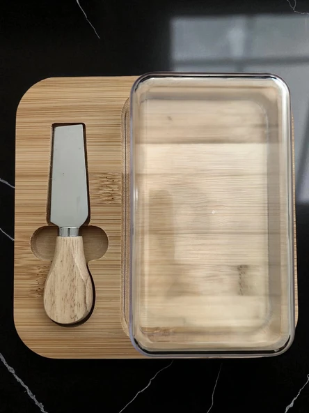 Doğal Bambu Bıçaklı Peynir ve Tereyağ Servis Sunum Tabağı Plastik Kapaklı Set 3 Parça 18x18 Cm - 3
