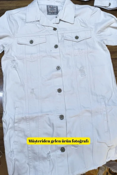 Kadın Beyaz Boyfriend Denim Oversize Taşlamalı Kot Ceket Uzun Kol Ceket 25KCKTD679 - 6