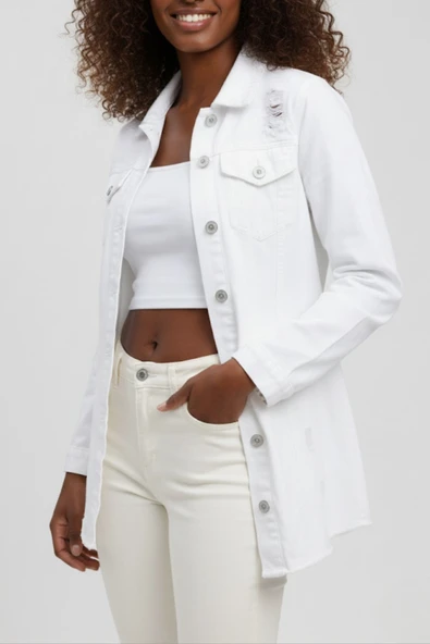 Kadın Beyaz Boyfriend Denim Oversize Taşlamalı Kot Ceket Uzun Kol Ceket 25KCKTD679 - 5