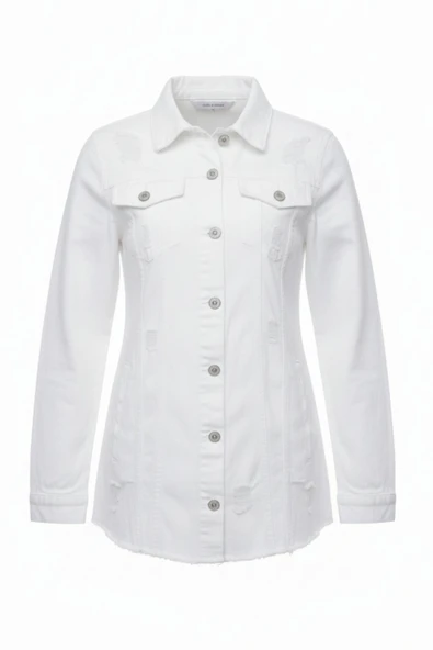 Kadın Beyaz Boyfriend Denim Oversize Taşlamalı Kot Ceket Uzun Kol Ceket 25KCKTD679 - 3