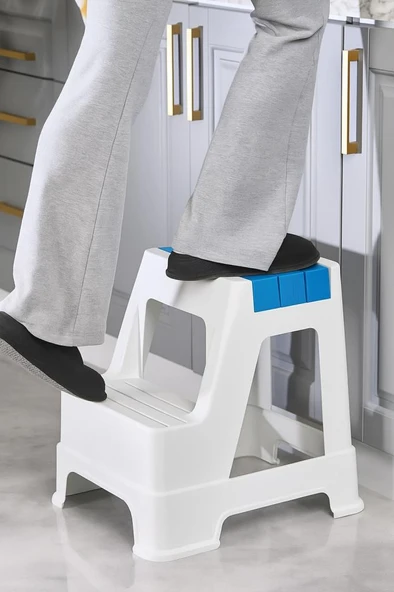 Çelik Ayna Zilkale Büyük Boy Çift Katlı Basamak Çok Amaçlı Dayanıklı Tabure Beyaz+ Mavi-254 - Resim 3