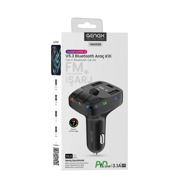 Genax GNX028 V5.3 Bluetooth FM Transmitter Araç Kiti  2xUSB  1xTypeC 30W PD Hızlı Şarj Destekli - 1