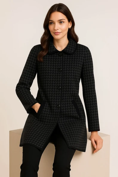 Kadın Çift Cepli Desenli Anne Hırkası Siyah