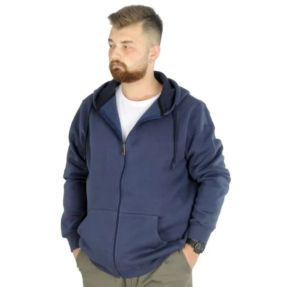 Erkek Sweatshirt Kapşonlu Zippered Basic 20543 İndigo - 1