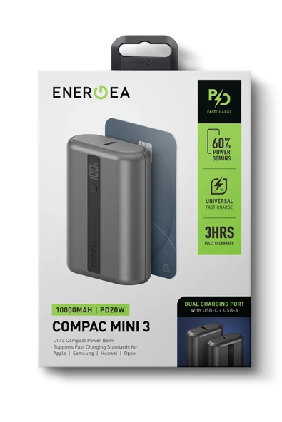 ComPac Mini 3 10.000 mAh Dijital Gösterge 20W Type-C ve 18W USB PD Hızlı Şarj Powerbank - Koyu Gri - 4