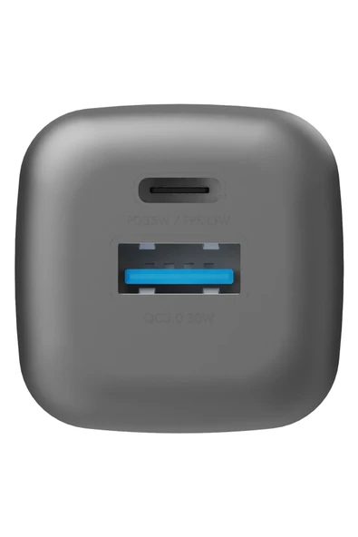 AmpCharge GaN35 35W Type-C ve 30W USB 3.0 Çıkışlı Hızlı Şarj Aleti - Koyu Gri - Resim 4