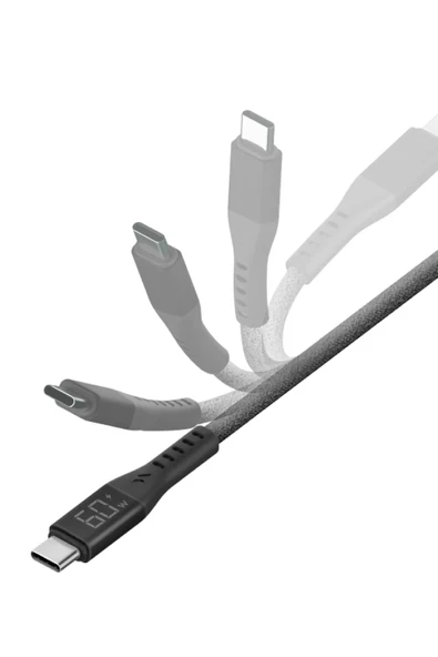Flow 1.5M 60W Dijital Göstergeli Type-C to Lightning PD Hızlı Şarj Kablo - Siyah - Resim 3