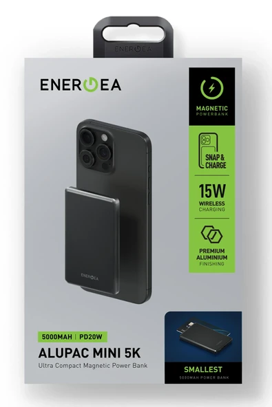 AluPac Mini 5K 5.000 mAh 20W Type-C ve 15W Kablosuz Hızlı Şarj Magsafe Powerbank - Koyu Gri - 5