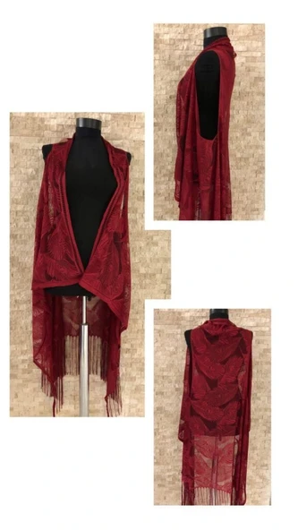 Pareo Dantel Yelek Mayo Bikini Üzeri Yaprak Desenli Püsküllü Plaj Elbisesi - Bordo - 4