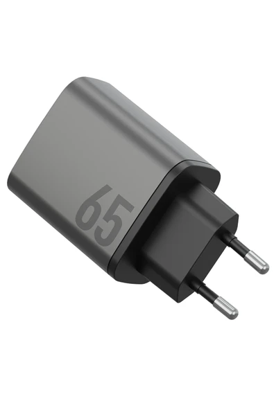 AmpCharge GaN65 2 Adet 65W Type-C ve 30W USB 3.0 Çıkışlı Hızlı Şarj Aleti - Koyu Gri - Resim 4