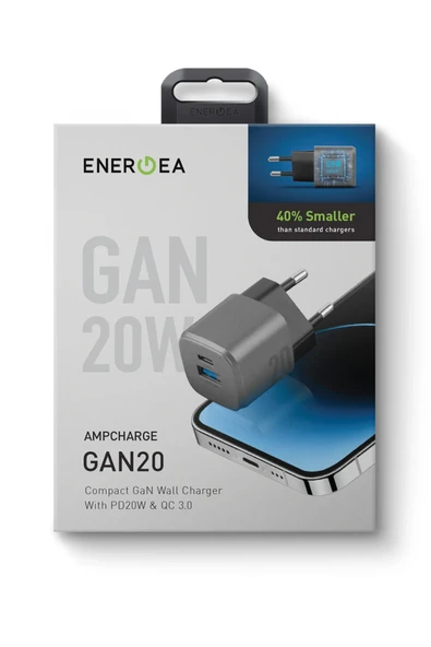 AmpCharge GaN20 20W Type-C ve 18W USB 3.0 Çıkışlı Hızlı Şarj Aleti - Koyu Gri - Resim 6