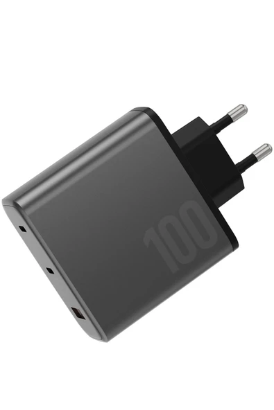 AmpCharge GaN100 2 Adet 100W Type-C ve 30W USB 3.0 Çıkışlı Hızlı Şarj Aleti - Koyu Gri - 1