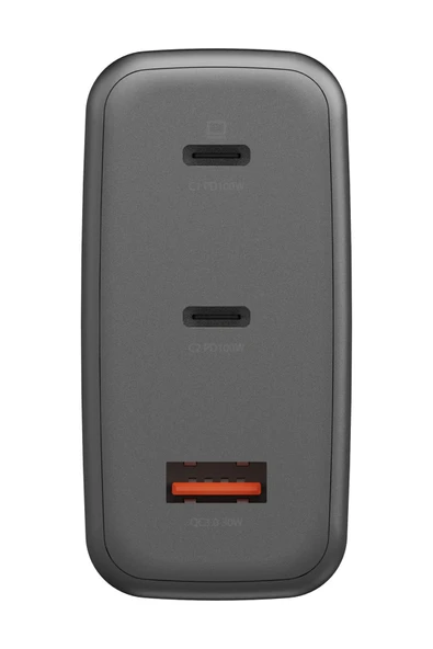 AmpCharge GaN100 2 Adet 100W Type-C ve 30W USB 3.0 Çıkışlı Hızlı Şarj Aleti - Koyu Gri - 3