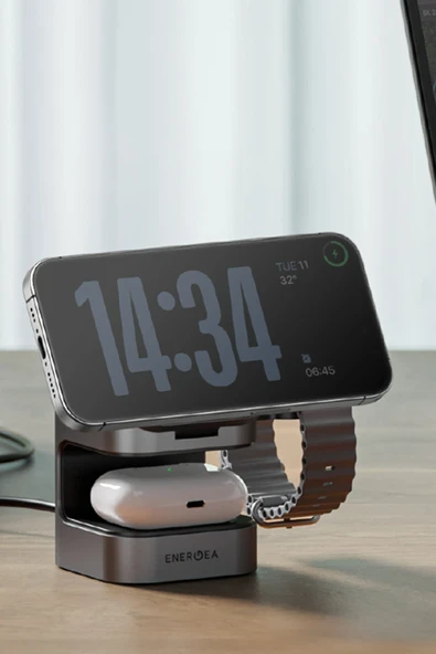 MagCube 3in1 Katlanabilir 15W Telefon Saat Airpods Masaüstü Hızlı Şarj Standı - Koyu Gri - Resim 8