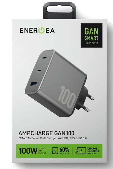 AmpCharge GaN100 2 Adet 100W Type-C ve 30W USB 3.0 Çıkışlı Hızlı Şarj Aleti - Koyu Gri - 5