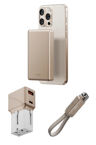 X Bazic 25W Adaptör AluPac 10.000 mAh Powerbank ve AluCable 60W USB to Lightning Kablolu Set Travel Çanta - Gold