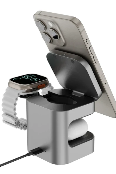 MagCube 3in1 Katlanabilir 15W Telefon Saat Airpods Masaüstü Hızlı Şarj Standı - Koyu Gri - Resim 3