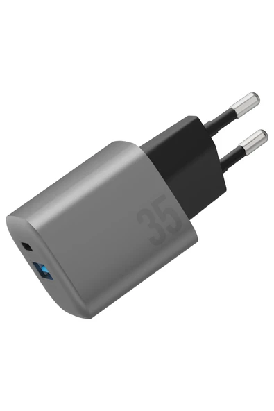 AmpCharge GaN35 35W Type-C ve 30W USB 3.0 Çıkışlı Hızlı Şarj Aleti - Koyu Gri ürün görseli 1