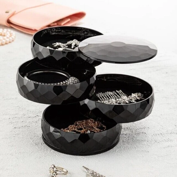 360 Derece Dönebilen 4 Katlı Takı - Toka - Küpe-Bileklik Organizer - Siyah ürün görseli