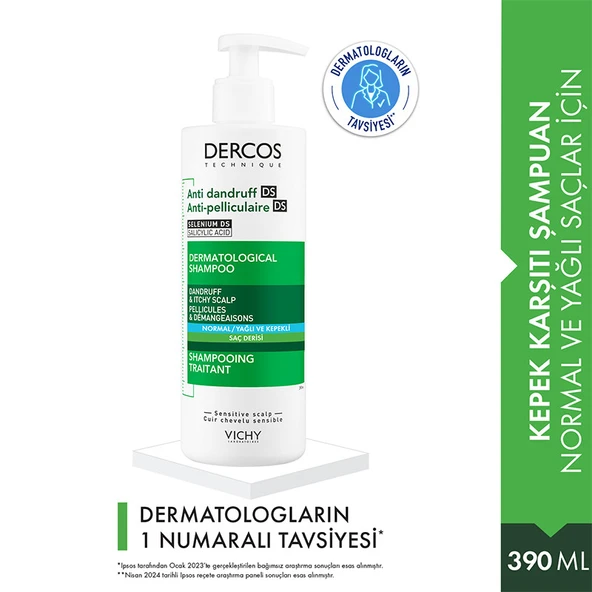 Vichy Dercos Anti-Pelliculaire Anti-Dandruff Kepek Karşıtı Şampuan 390 ml - Normal ve Yağlı Saçlar - 1
