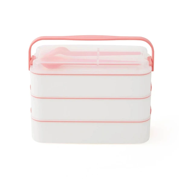 3 Katlı Kulplu Beslenme Kabı  Diyet Sefer Tası Saklama Kabı Çatal Kaşıklı EVV-87061 ürün görseli 1