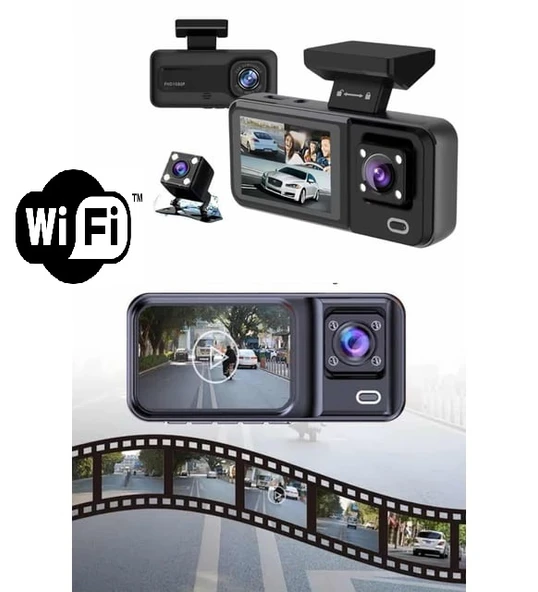 Araç Kamerası - 3 Kameralı Wifi Ön , İç ve Arka Full HD DVR Araç İçi Ekranlı Kamera - 2