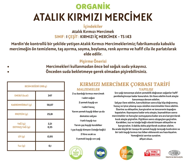 Taş Değirmenden Organik Organik Atalık Kırmızı Mercimek - 5 Kilo - Resim 3