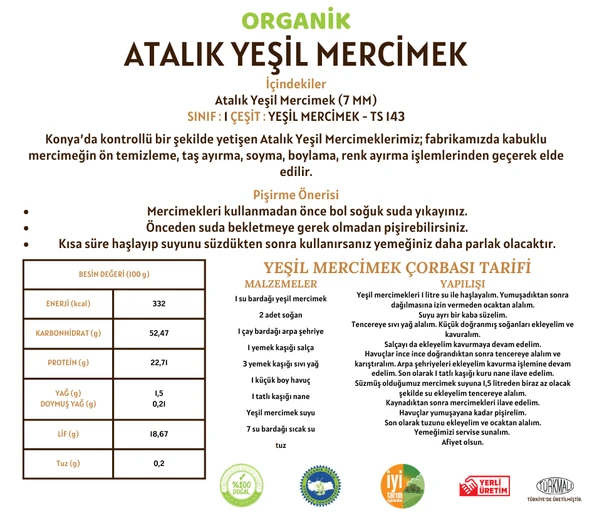 Taş Değirmenden Organik Organik Atalık Yeşil Mercimek (7 MM) - 5 Kilo - Resim 3