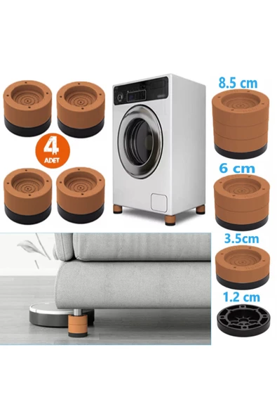 Beyaz Eşya Ayağı Çamaşır Makinesi Mobilya Titreşim Önleyici Kaydırmaz 3.5 Cm Yükseltici 4 Lü KAHVE