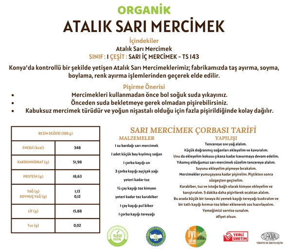 Taş Değirmenden Organik Organik Atalık Sarı Mercimek - 1 Kilo - Resim 3