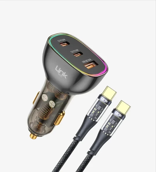 LİNKTECH 80W TRANSPARENT CAR CHARGER 2xPD 30+20W + USB Araç İçi Type-C Şarj Aleti