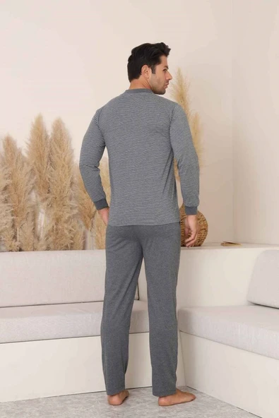 Erkek 3 Düğmeli Çizgili Desen %100 Pamuk Uzun Manşetli Kol Cepli Pijama Takımı - 10