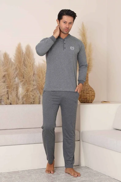 Erkek 3 Düğmeli Çizgili Desen %100 Pamuk Uzun Manşetli Kol Cepli Pijama Takımı - 2