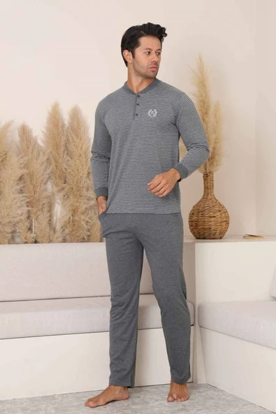 Erkek 3 Düğmeli Çizgili Desen %100 Pamuk Uzun Manşetli Kol Cepli Pijama Takımı - 8