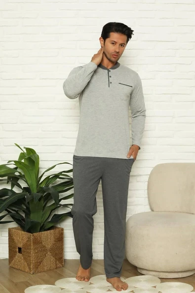 Erkek 3 Düğmeli Çizgili Desen %100 Pamuk Uzun Manşetli Kol Cepli Pijama Takımı - 6