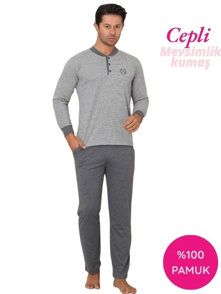 Erkek 3 Düğmeli Çizgili Desen %100 Pamuk Uzun Manşetli Kol Cepli Pijama Takımı - 4