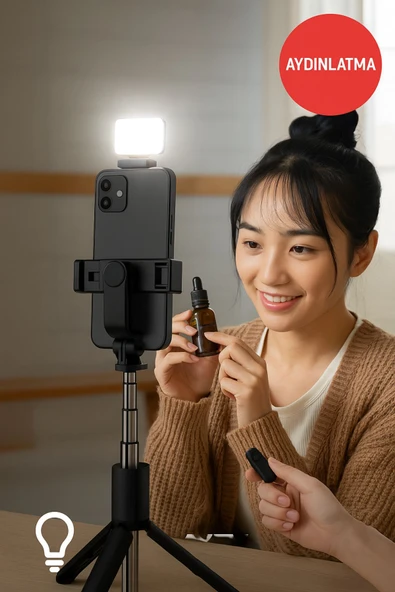 Işıklı Bluetooth Selfie Çubuğu Tripod | Uzaktan Kumandalı Vlog & Canlı Yayın Standı - 4